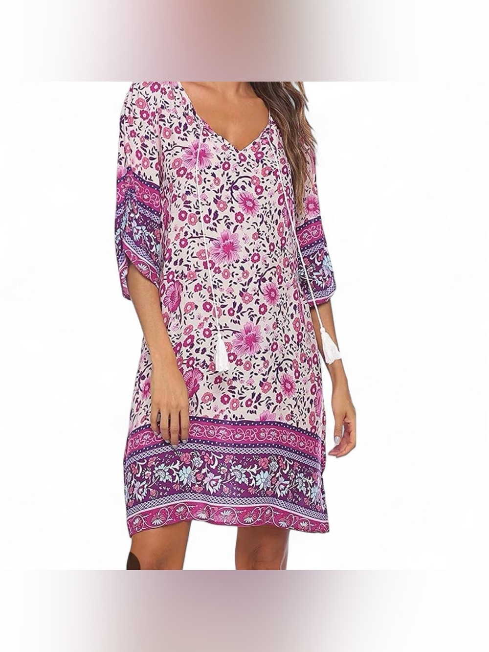 Floral Pink Border-Print Mini Dress with Tassel Tie
